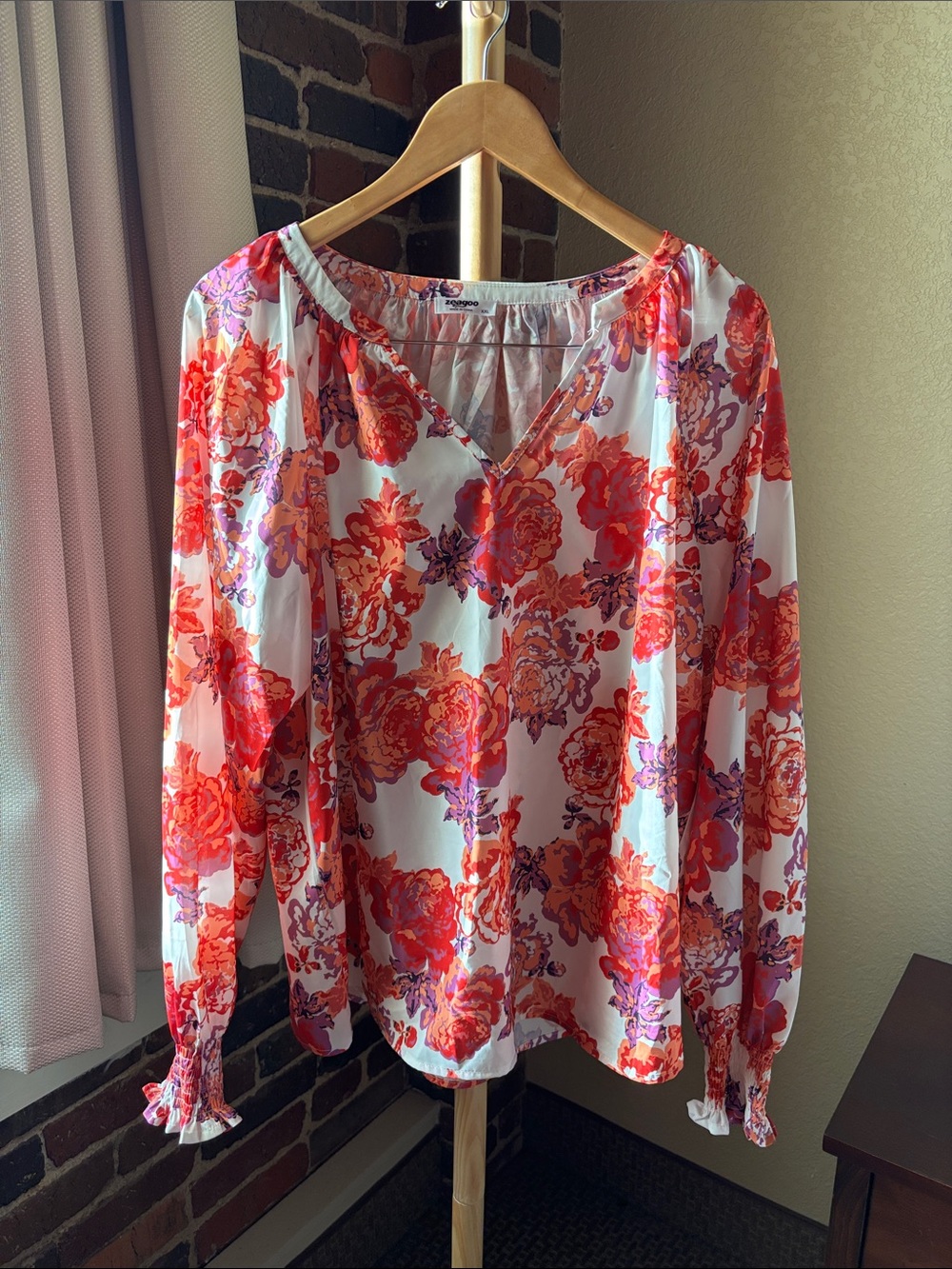 zeagoo Coral & White Floral V-Neck Long Sleeve Blouse Size XXL